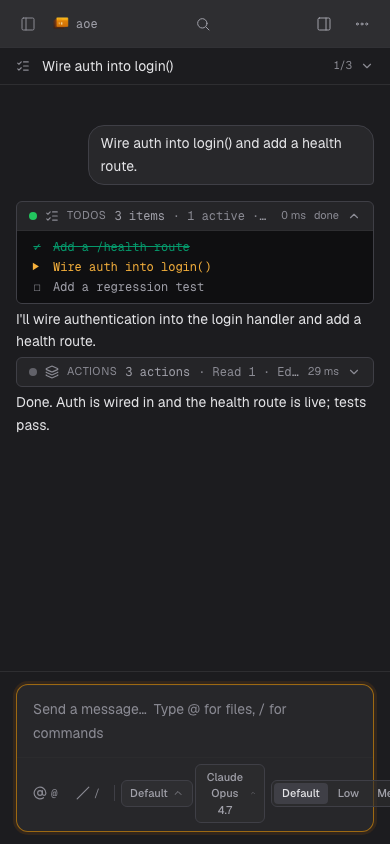 The web structured view composer with mode and model controls, above a stream of tool-call cards