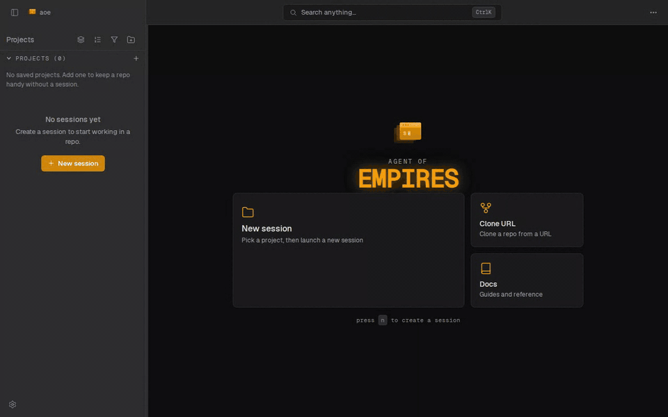 Agent of Empires web dashboard driving live agent sessions from the browser