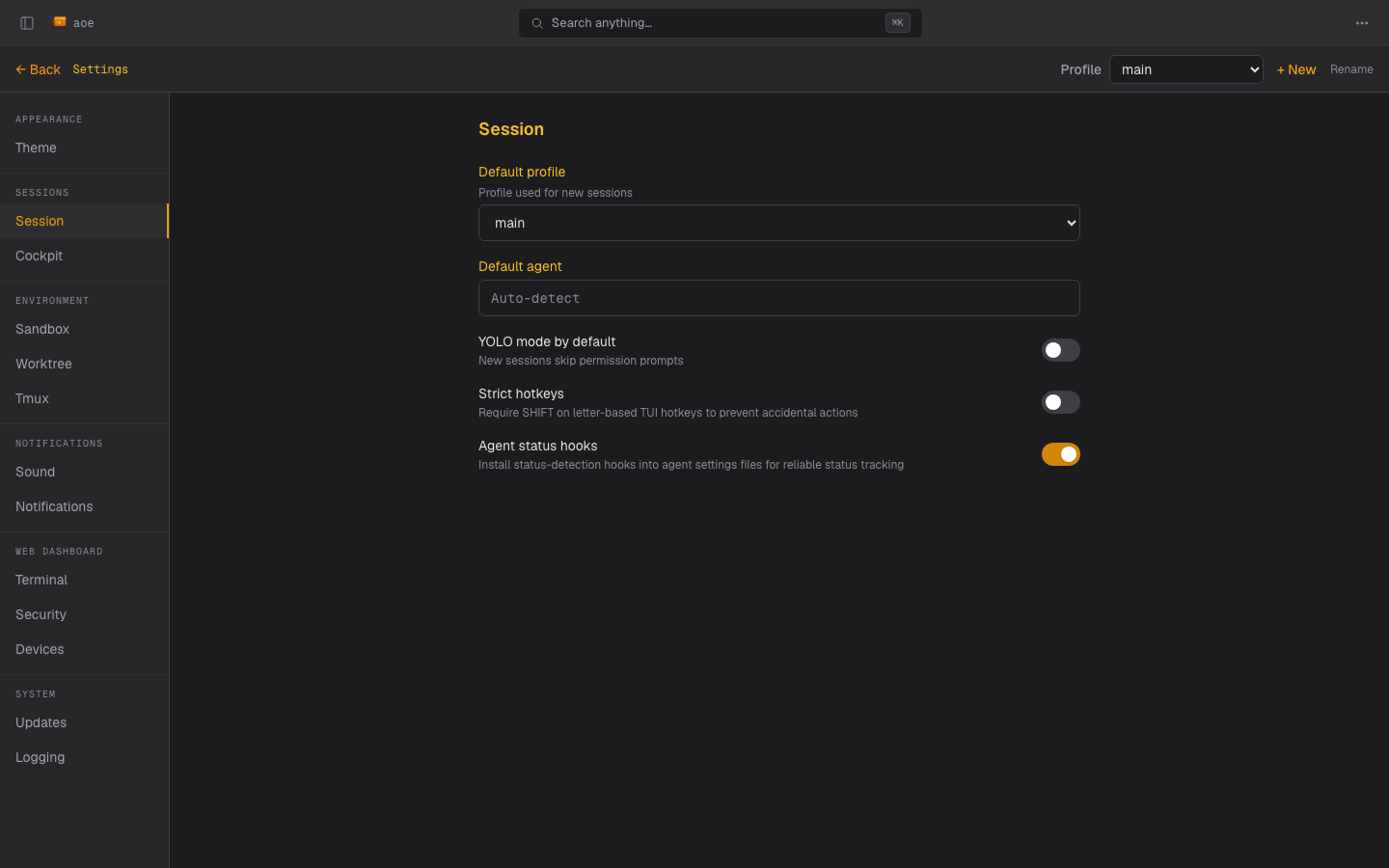 The settings view with its tab groups and profile picker